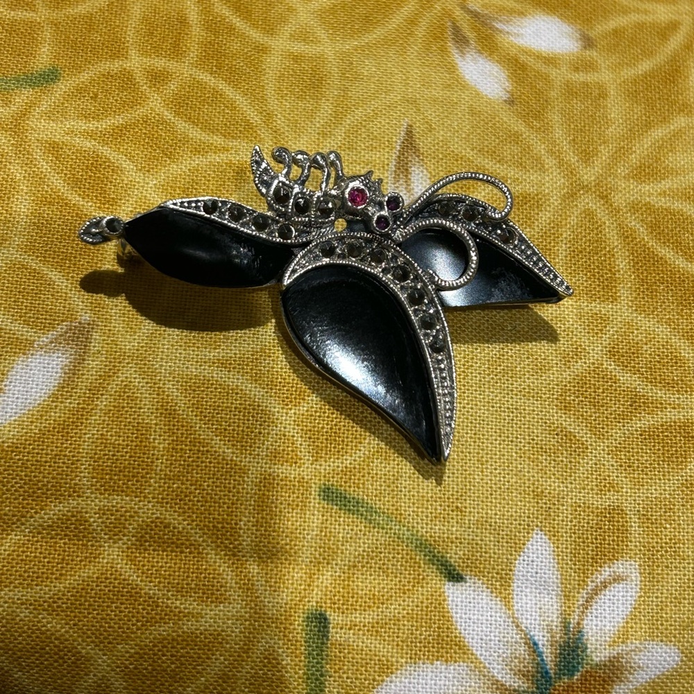 BUTTERFLY 925 Silver Onyx Marcasite Art Deco BROOCH - Picture 9 of 10